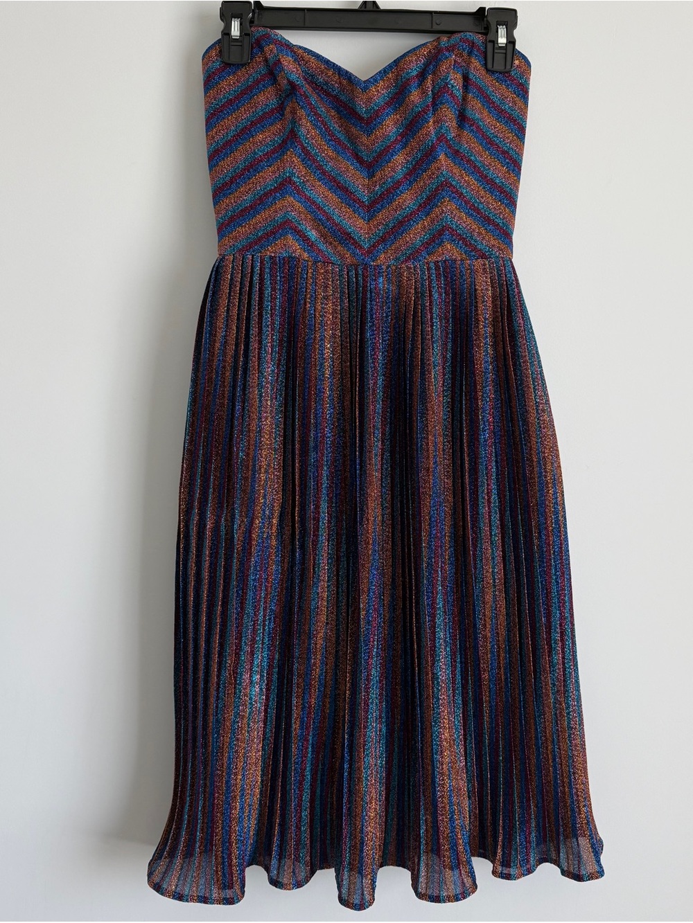 Strapless Multicolor Metallic Pleated Midi Dress